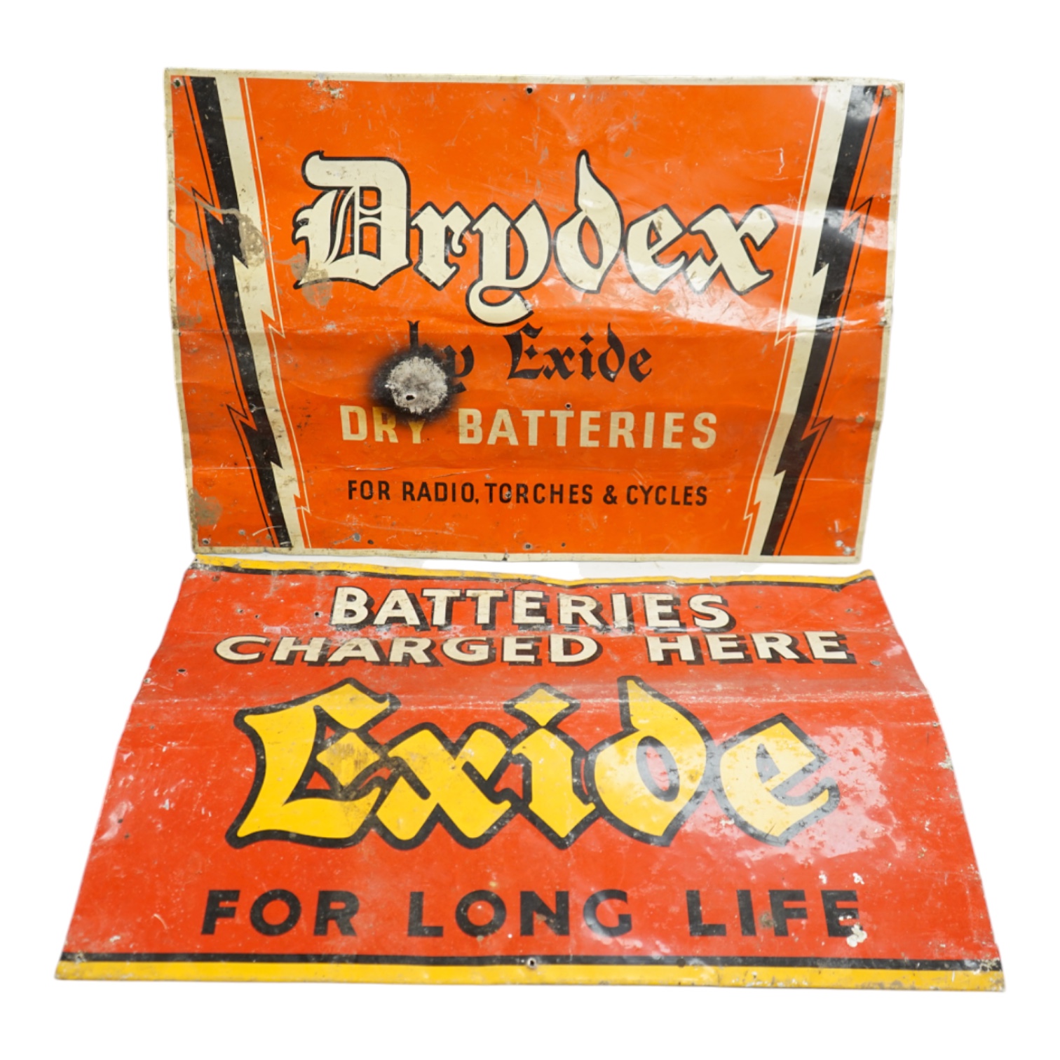 Two advertising enamel signs Drydex and Exide batteries, Exide sign 62cm x 43cm. Condition - poor